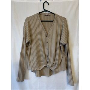 Ivory Beige Button Up Long Sleeve Cardigan Sweater HiLo Women's Size M Lagenlook